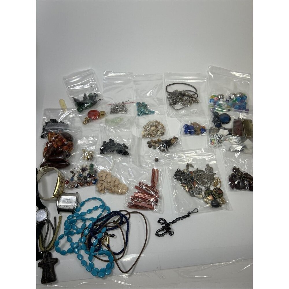 LOT BROKEN Crafting Jewelry Plastic, Jade Glass Worn Mixed Metals Beads B3